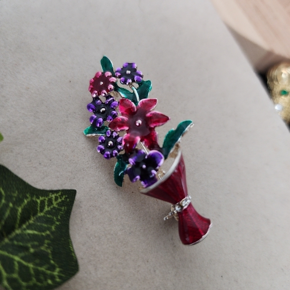 Gold Enamel Flower Bouquet Brooch Pin